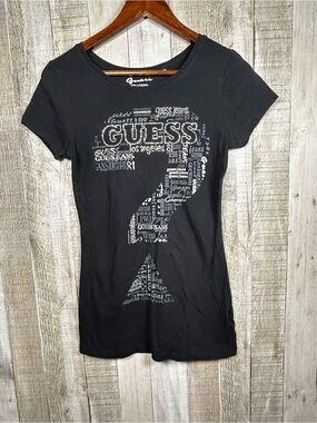 Y2K Guess Jeans Black Rhinestone Logo Graphic Question Mark T-Shirt 
Bejeweled
